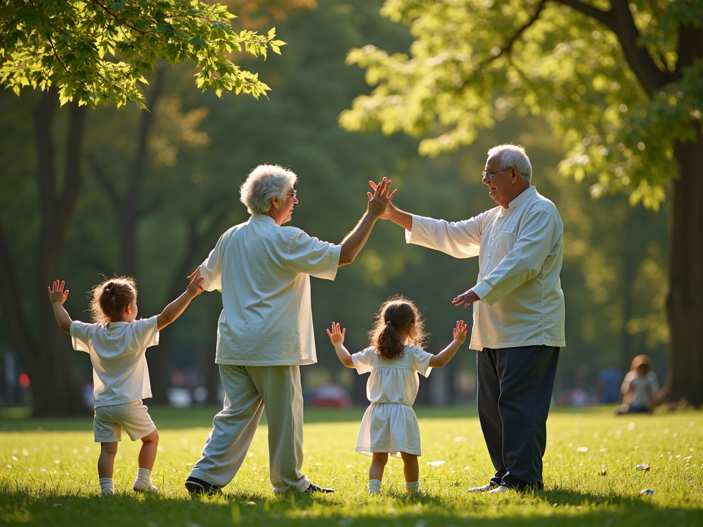 Family practicing tai chi together in a park