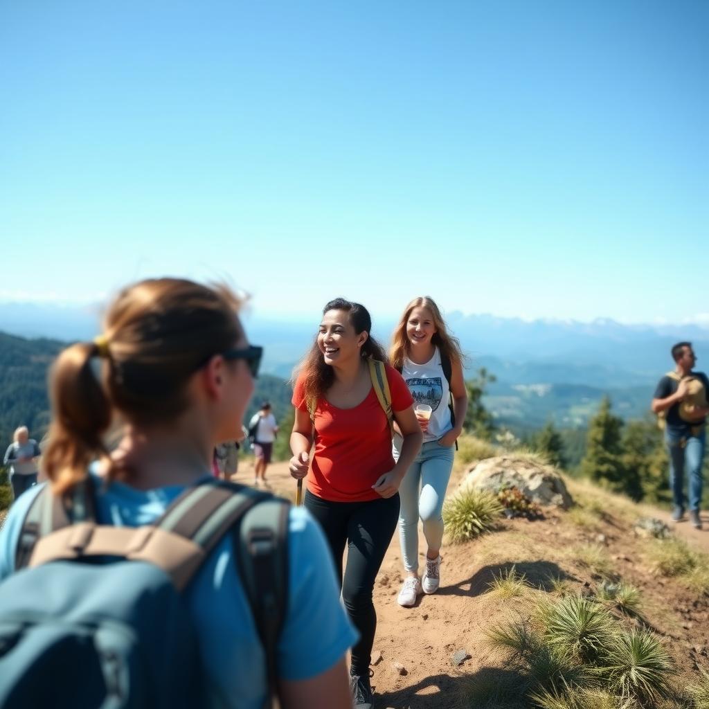 Friends hiking together in the mountains