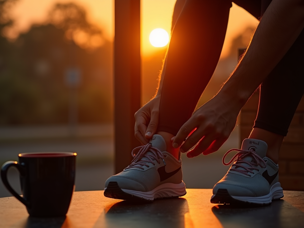 Runner gearing up for an early morning run before a busy day.