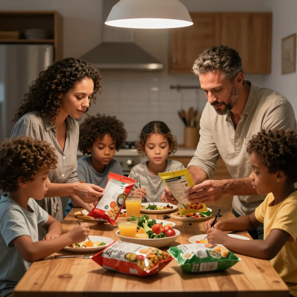 Family collaboratively managing food allergies by checking labels in a cozy kitchen