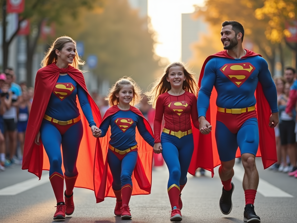 Family in superhero costumes finishing a 5K race