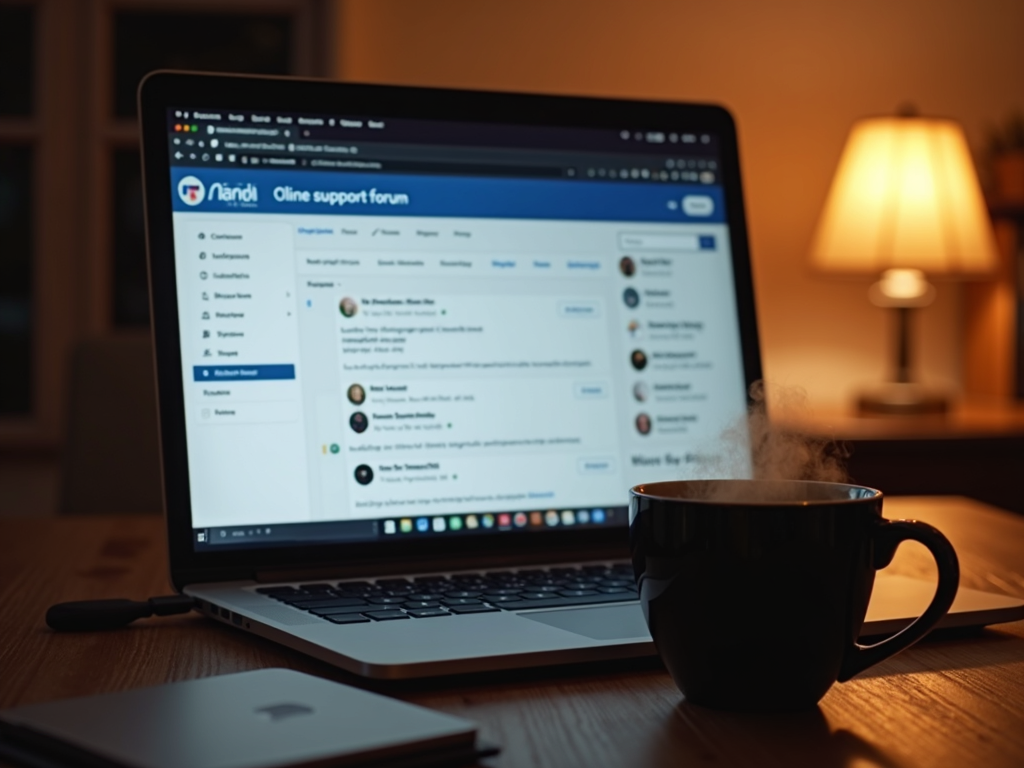 Browsing an online community for chronic illness support with a comforting coffee nearby.