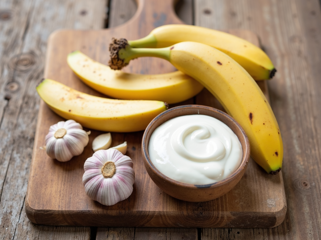 A cutting board with bananas, garlic, and yogurt.