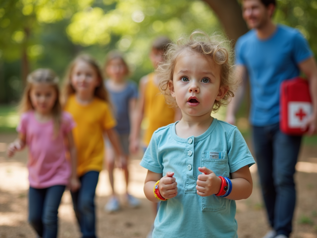 Child with medical alert bracelet and emergency kit
