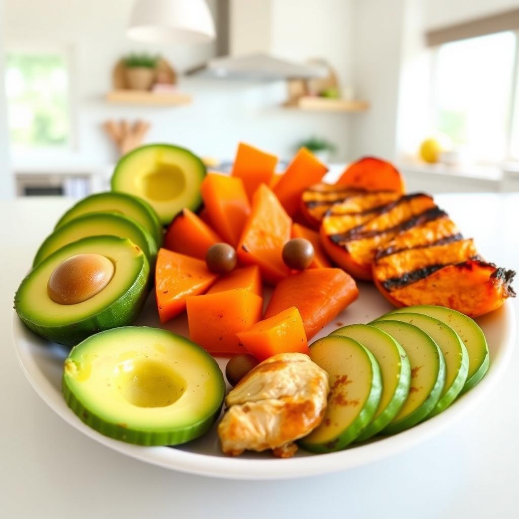 A vibrant, allergen-free meal for kids featuring avocados, sweet potatoes, and chicken arranged in a smiley-face pattern on a white plate in a bright kitchen.