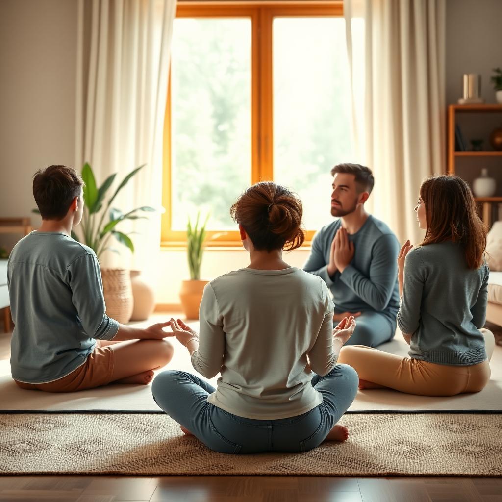A family sitting cross-legged in a cozy living room practicing a guided breathing exercise.