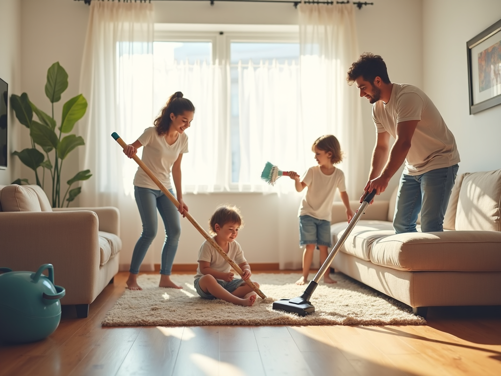 Family cleaning home together