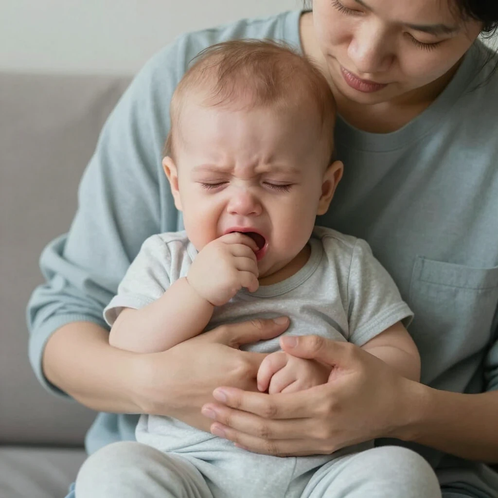 Parent comforting a sick infant experiencing vomiting during an acute FPIES reaction