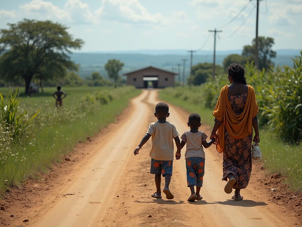 Family walking along rural road toward distant healthcare clinic