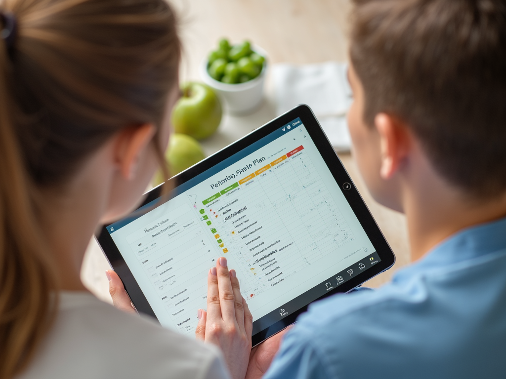 A dietitian and client reviewing a personalized diet plan on a tablet.