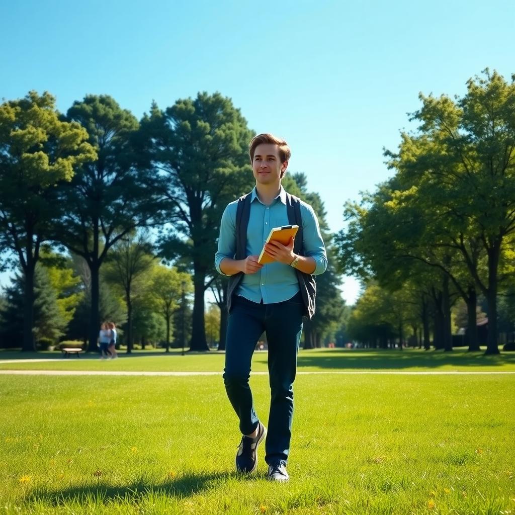 A person walks calmly in a sunny park, holding a notebook.