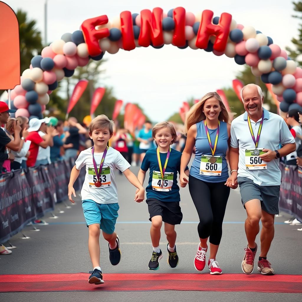 A family of four holding hands and smiling as they cross the finish line of a 5K race, wearing medals and race bibs.