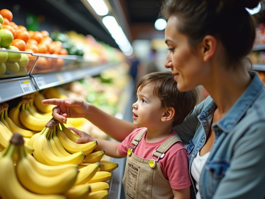 A parent teaching a child about nutrition while grocery shopping.