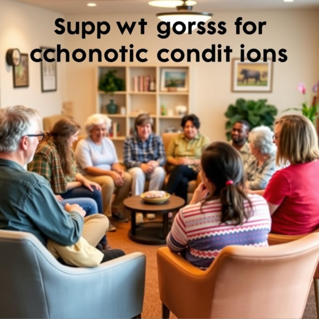 Group of people in a community center support group, sharing experiences in a cozy, well-lit room.