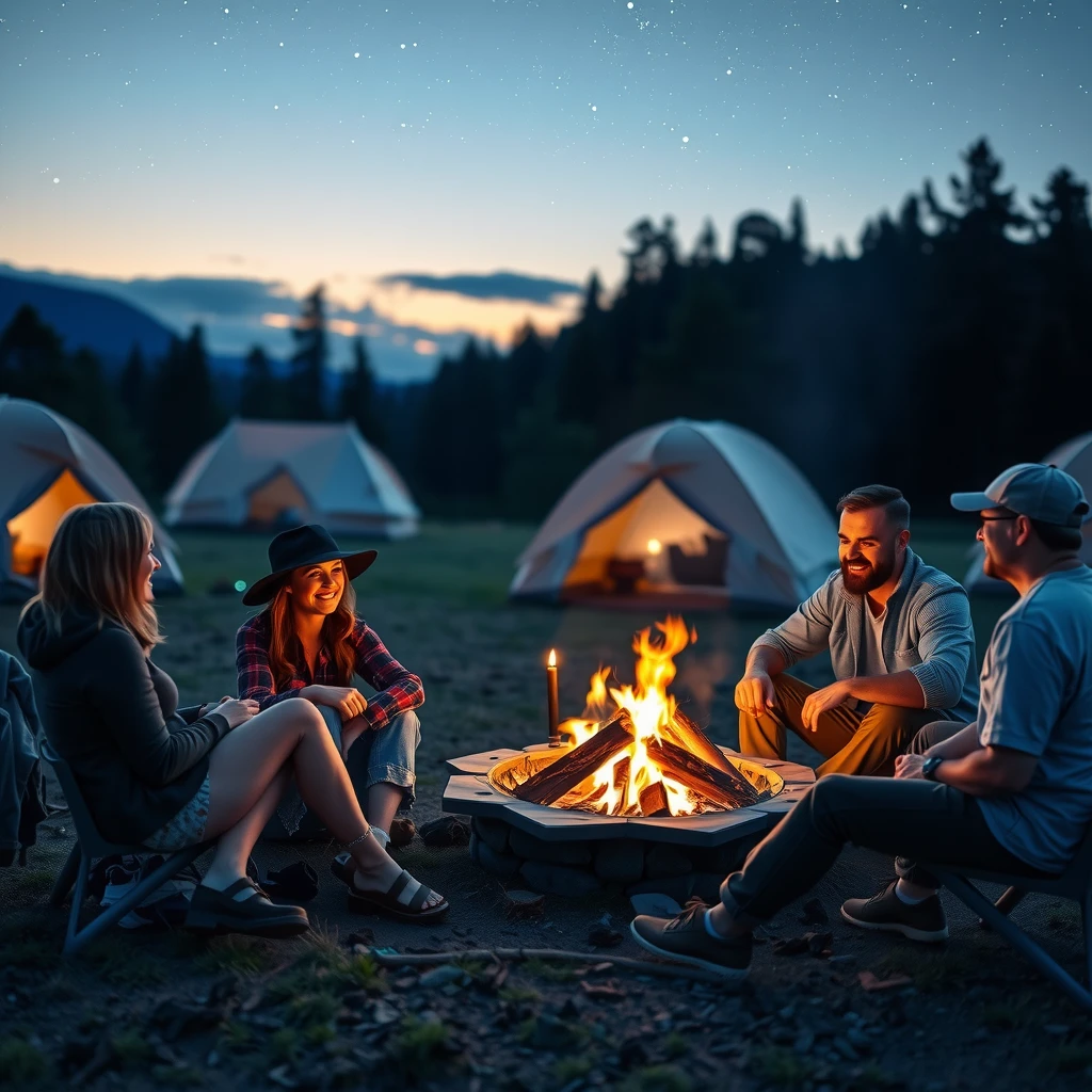 Family bonding around campfire at retreat