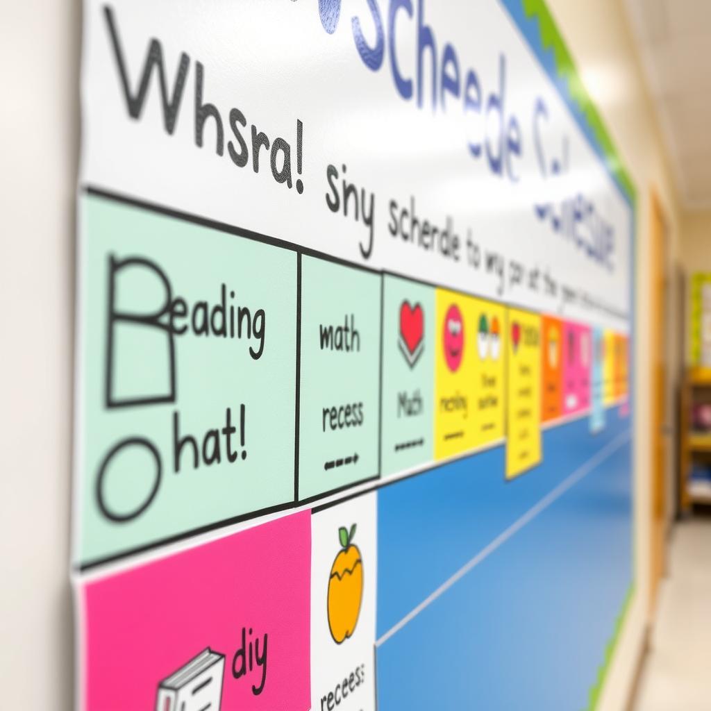 Colorful visual schedule on a classroom wall