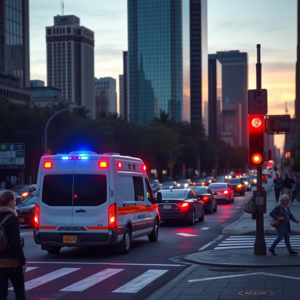 An ambulance with flashing lights moves through a crowded city intersection at dusk, surrounded by cars and tall buildings.