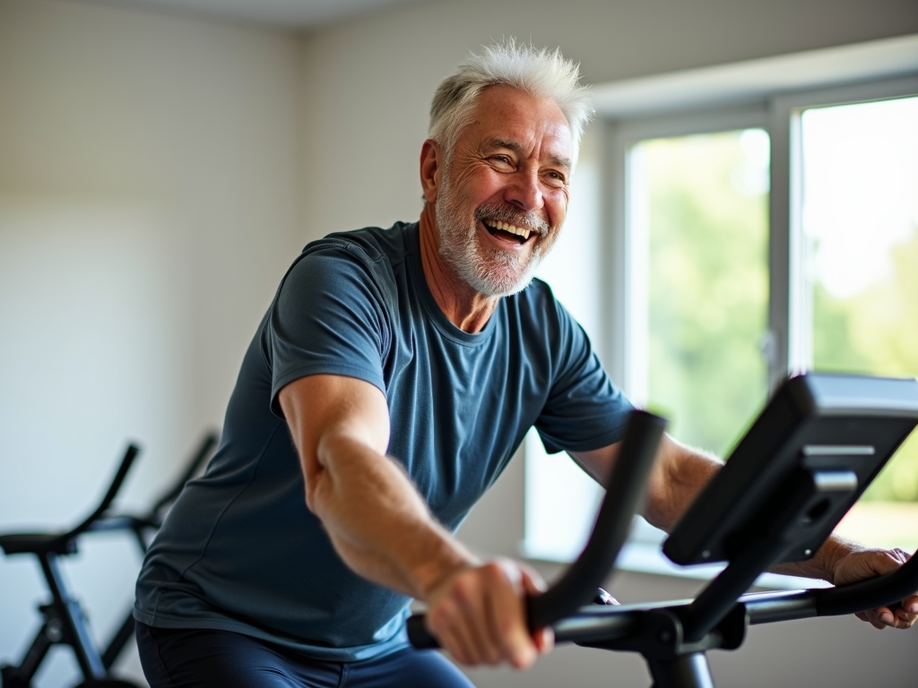 Senior man cycling on a stationary bike for a low-impact cardio workout.