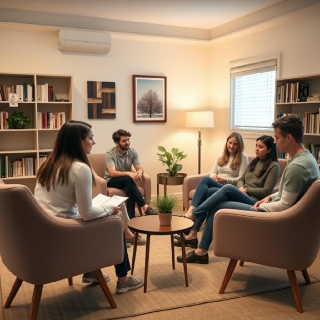 A family of four sits in a cozy therapy office, discussing with a therapist in a calm, supportive setting.