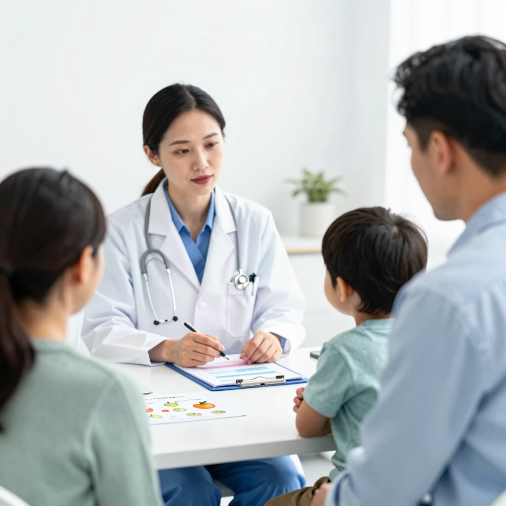 Doctor discussing FPIES diagnosis with parents in a clinic