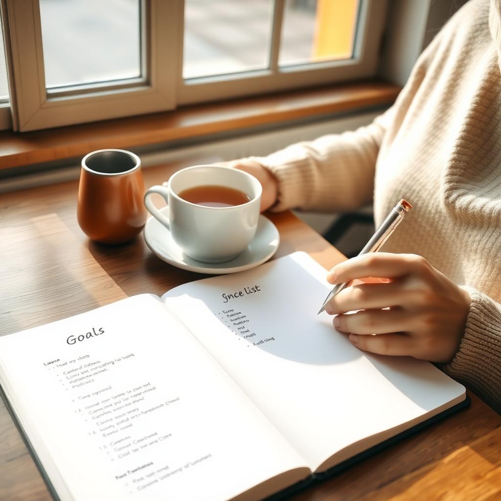 Person setting goals over tea at home