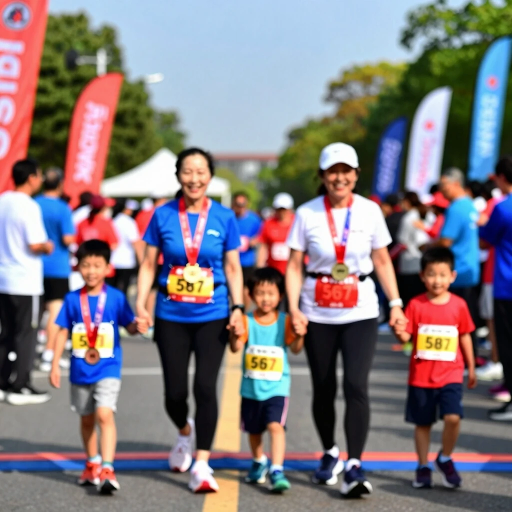 Excited family crossing the finish line at their first 5K race