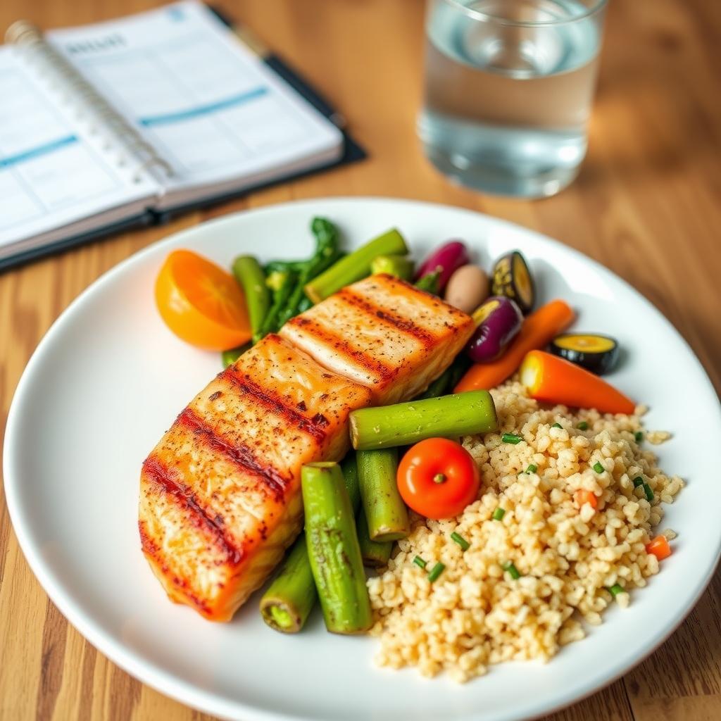 A vibrant, healthy meal with salmon, vegetables, and quinoa on a wooden table, next to a meal plan notebook.