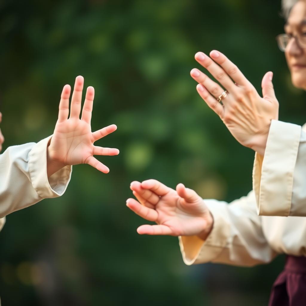 Close-up of a child’s, adult’s, and elderly person’s hands performing synchronized Tai Chi movements with greenery in the background.