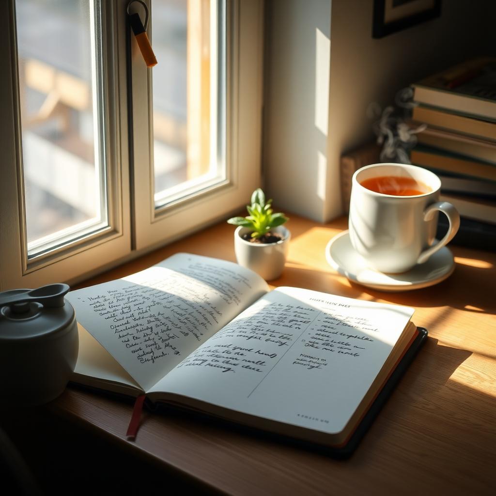 A cozy desk with an open journal, a cup of tea, and a potted plant, bathed in soft sunlight.