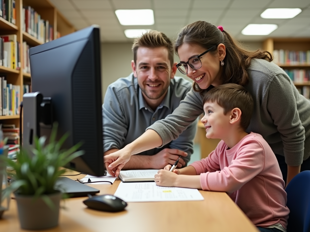 Librarian assisting family at library information desk