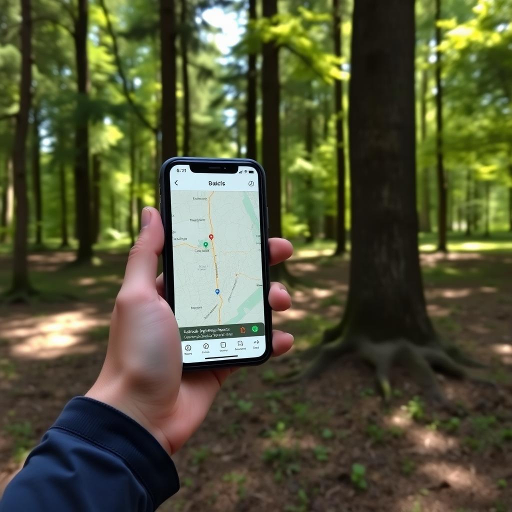 A geocacher using a smartphone app in a forest.