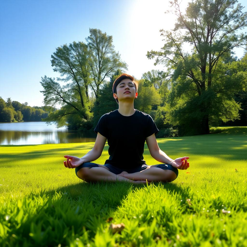 Person practicing mindfulness meditation on a grassy lawn by a calm lake under a clear blue sky.