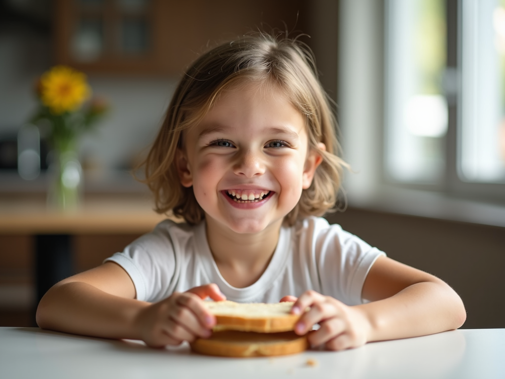 A smiling child enjoying a meal with no allergy concerns