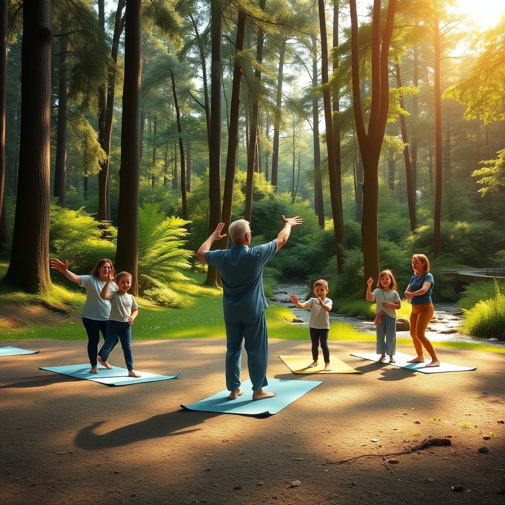 Families practicing Tai Chi during a wellness retreat in a forest clearing, guided by an instructor, with sunlight filtering through trees.
