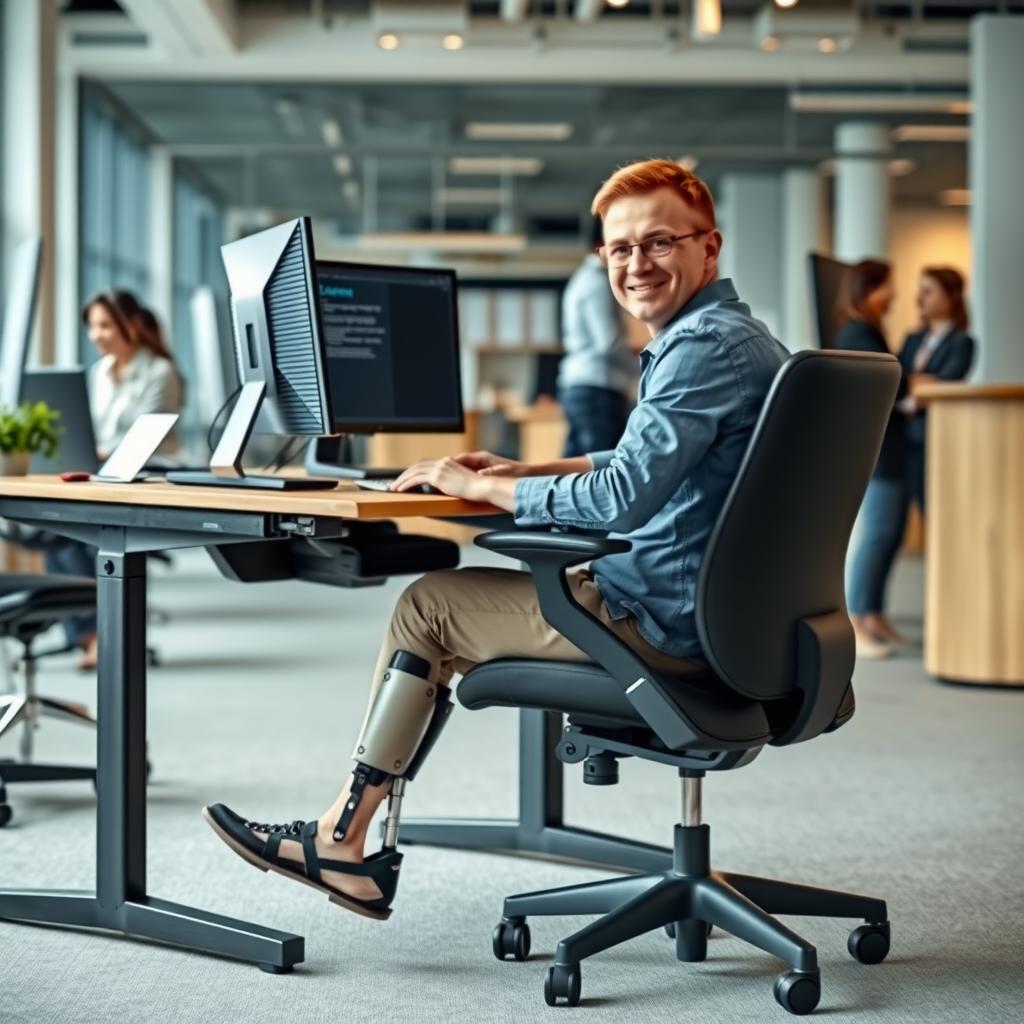 Person with a prosthetic leg working at an ergonomic desk in an inclusive office.