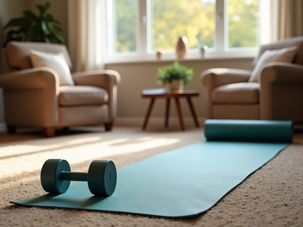 Living room set up for a workout with yoga mat and weights