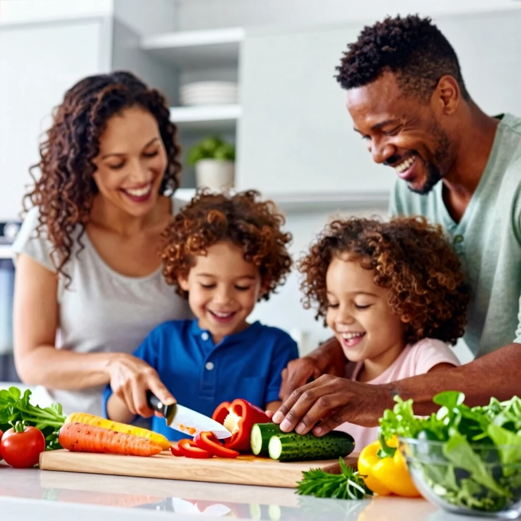 Happy family preparing a vibrant vegetable salad together in the kitchen