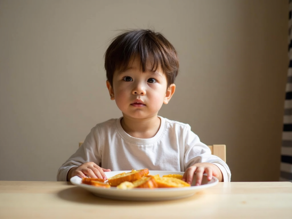A child with a food allergy cautiously approaching a meal.