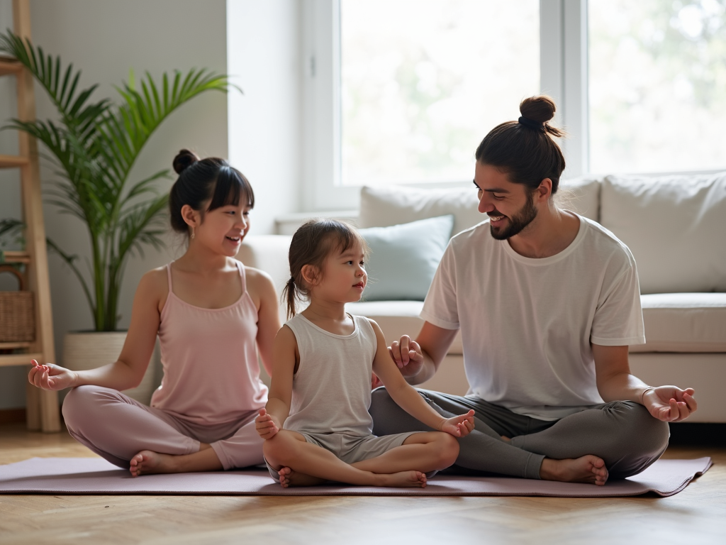 A family practicing yoga together at home.