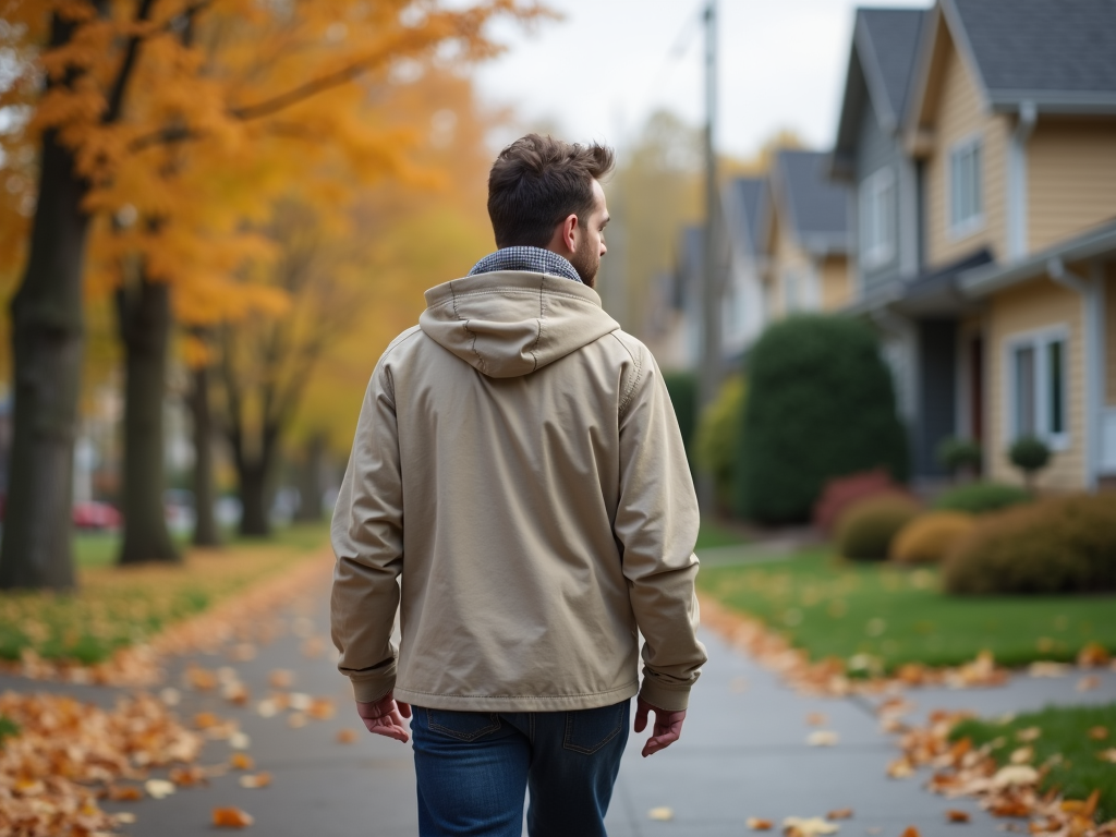 A person walking briskly in a neighborhood with autumn leaves.