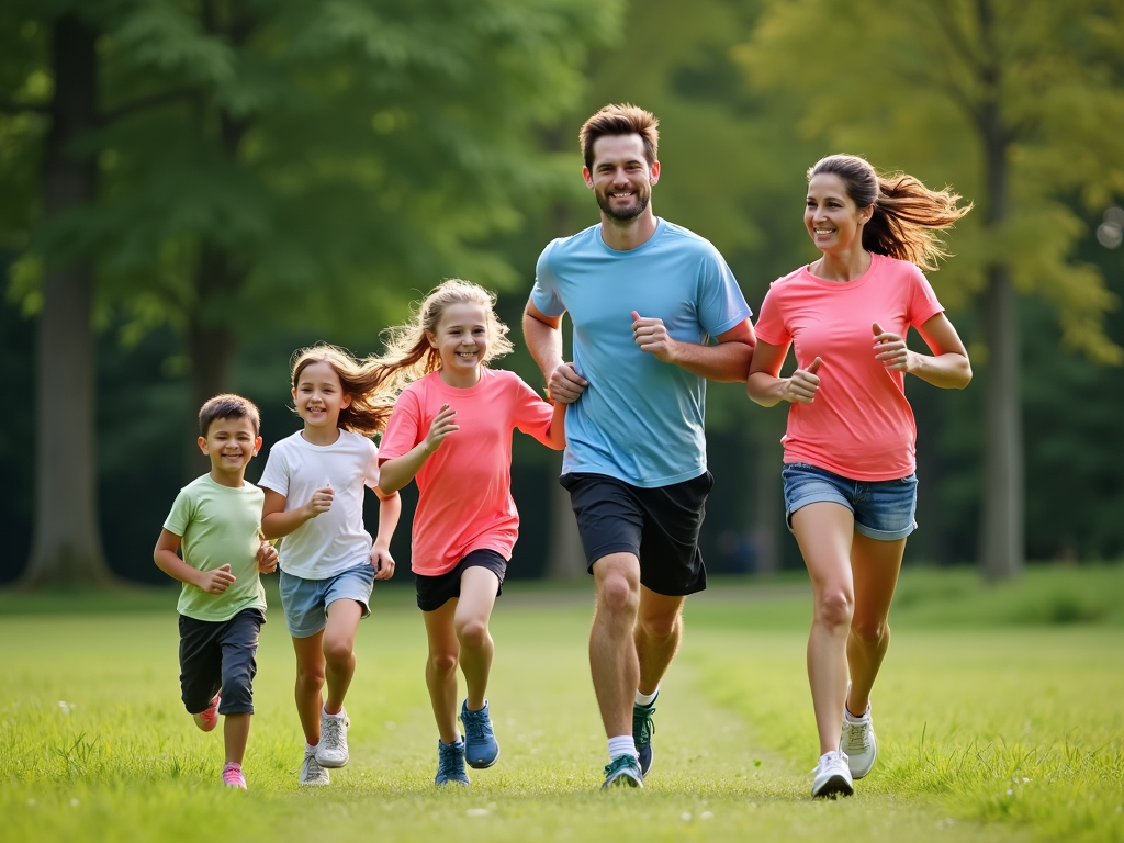 Family enjoying a fun run together in the park.