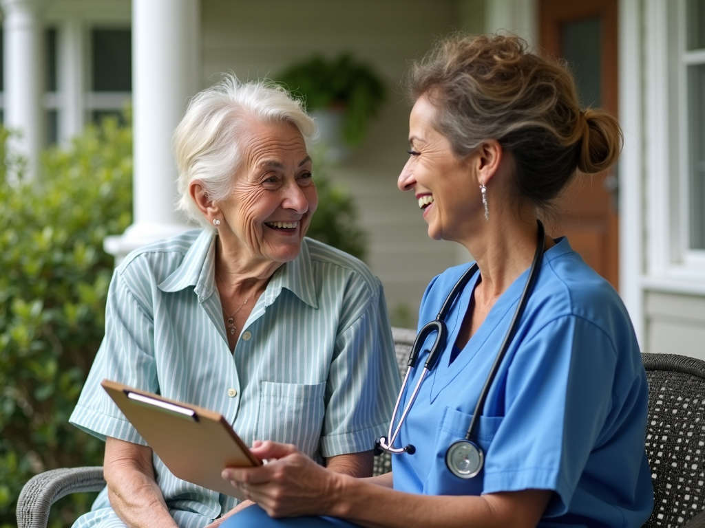Community health worker supporting an elderly woman