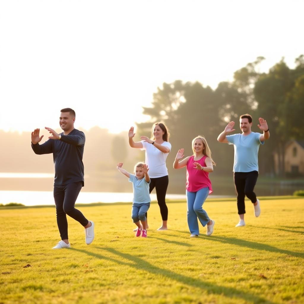 A family of four practicing tai chi on a grassy field by a lake at sunrise, surrounded by trees.