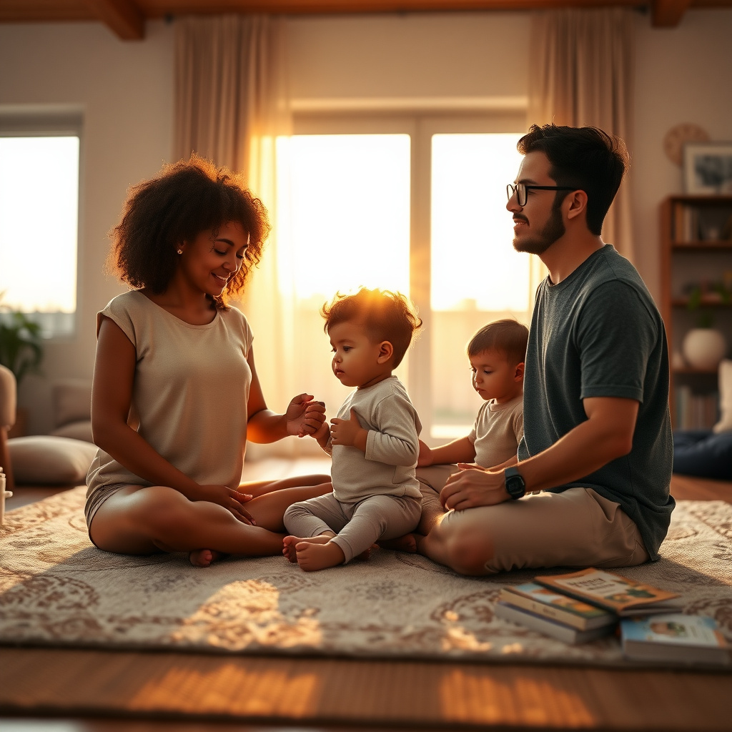 A serene family practicing mindful breathing together in their living room