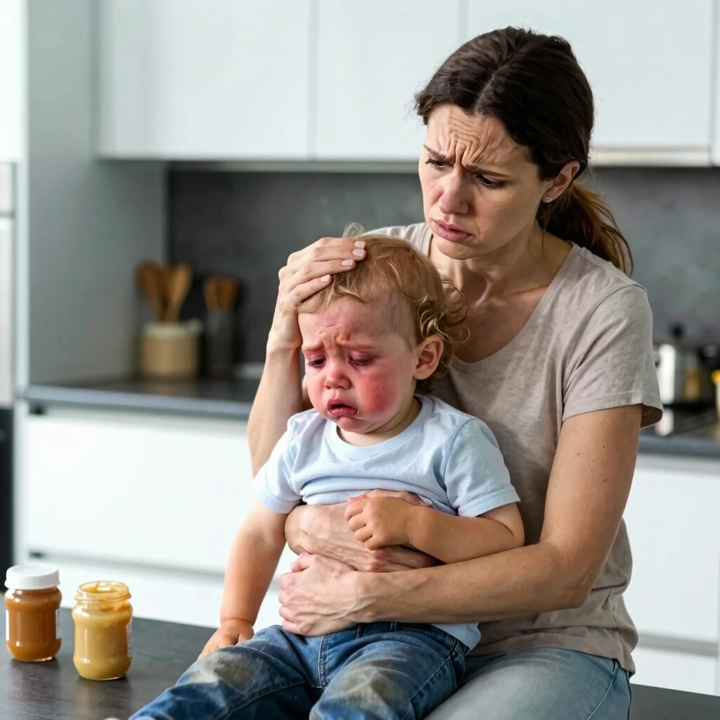 Concerned mother holding pale and lethargic toddler in kitchen during FPIES reaction
