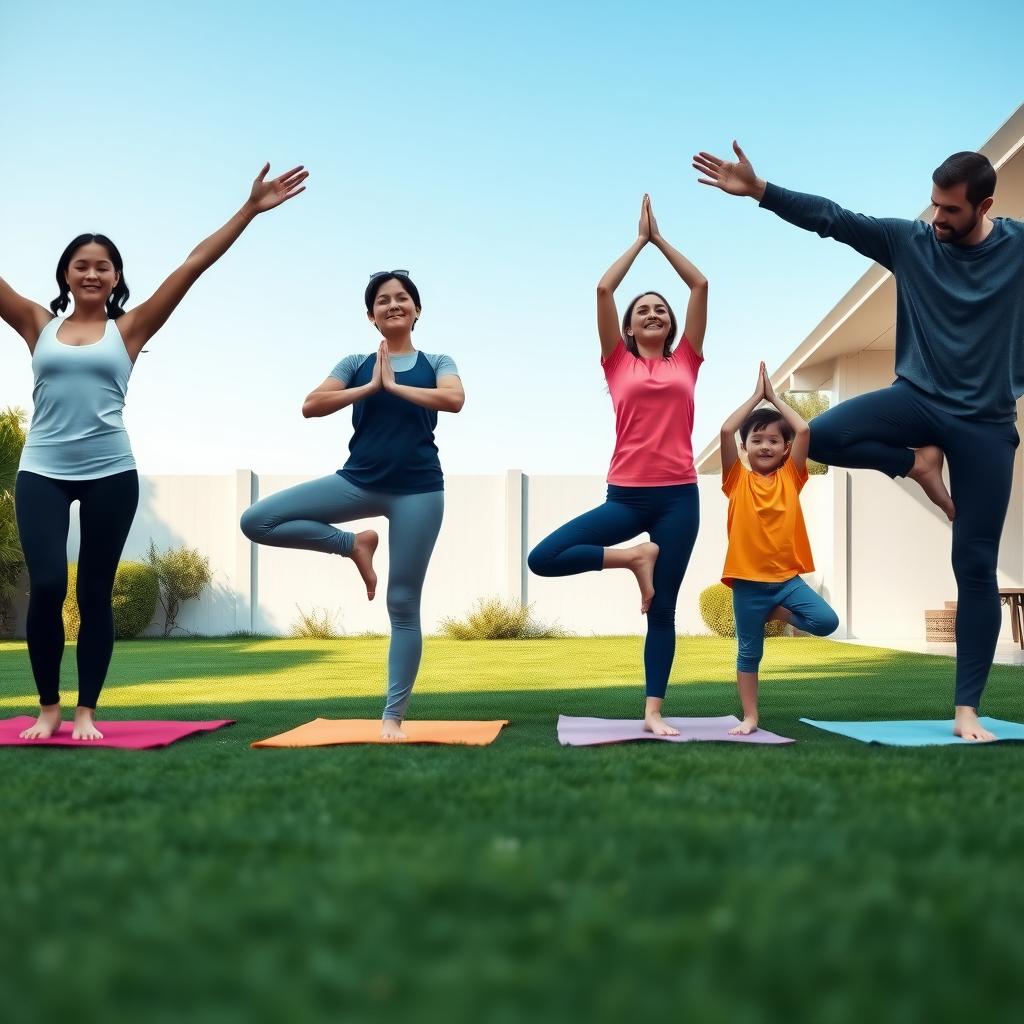 A family practicing yoga together in a peaceful backyard setting.
