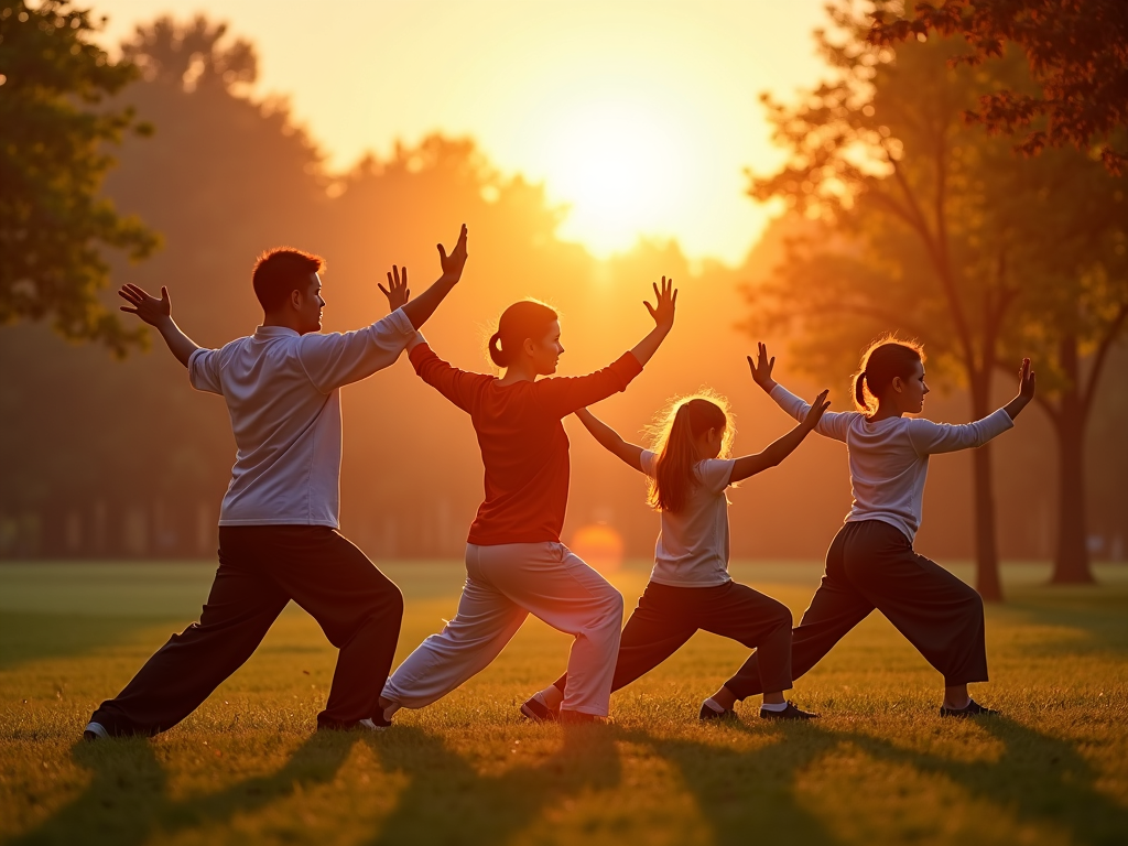 A family enjoying tai chi together in a serene outdoor setting.