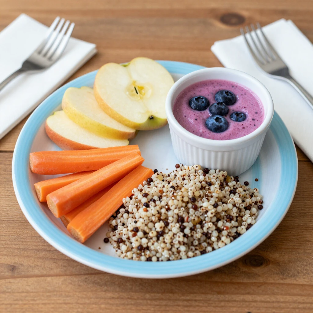Plate of safe, hypoallergenic foods for FPIES child
