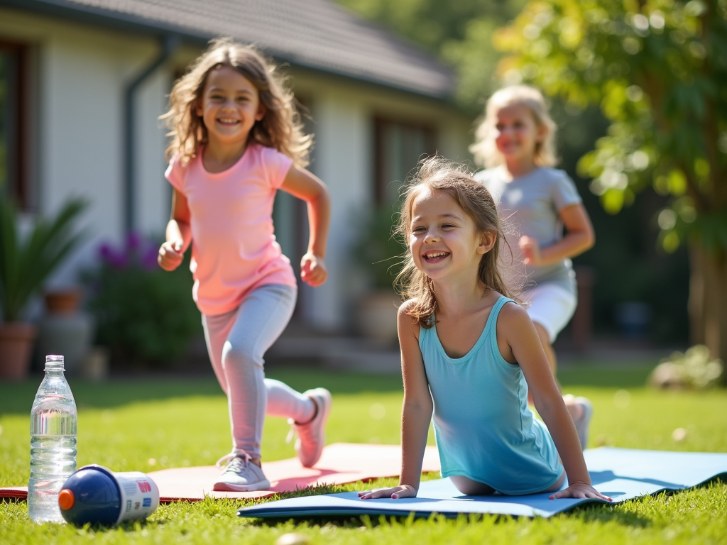 A family enjoying a group workout together in their backyard.