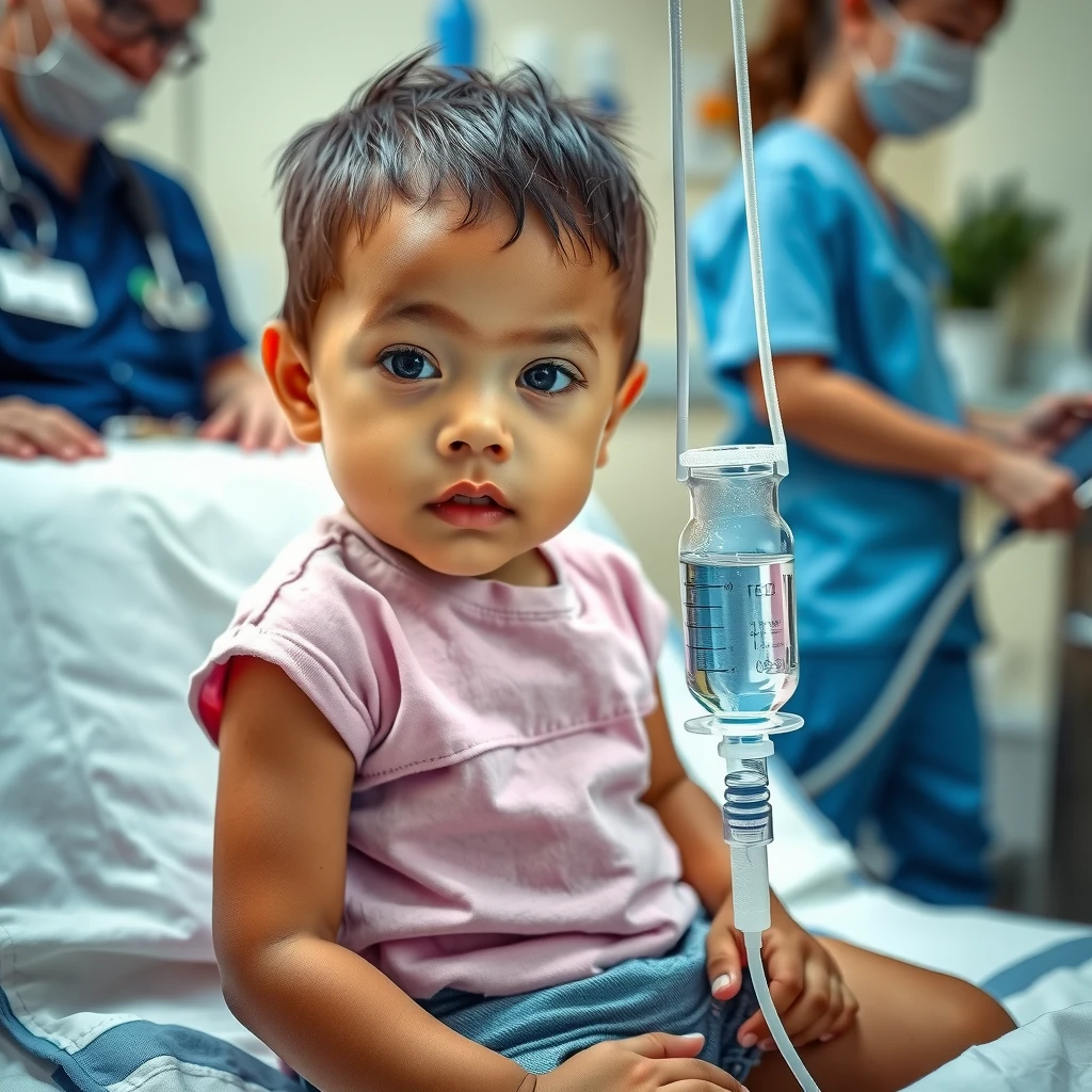 Child receiving IV fluids in hospital for dehydration from acute FPIES reaction